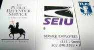 Business cards for DC Public Defenders, SEIU, and Trial Lawyers for Public Justice.