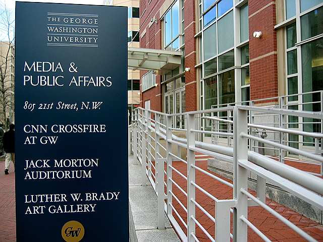 A sign at the GW campus directs visitors to the Crossfire studio at 21st and H.