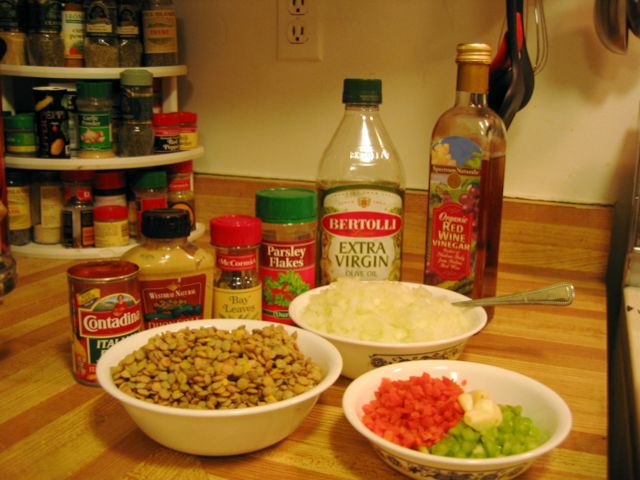 Ingredients for lentil soup, just before they all go into the pot.