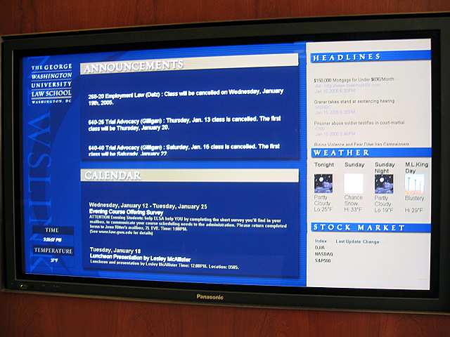 A very large flat screen monitor inside the GW law school attempts to gives visitors some of impression of GW's technological prowess (or something).