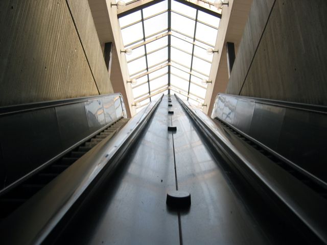 A view from the escalators heading up to the platform at the Braddock metro station.