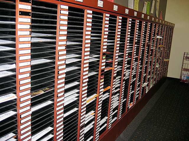 One of three banks of student mailboxes at GW law school.