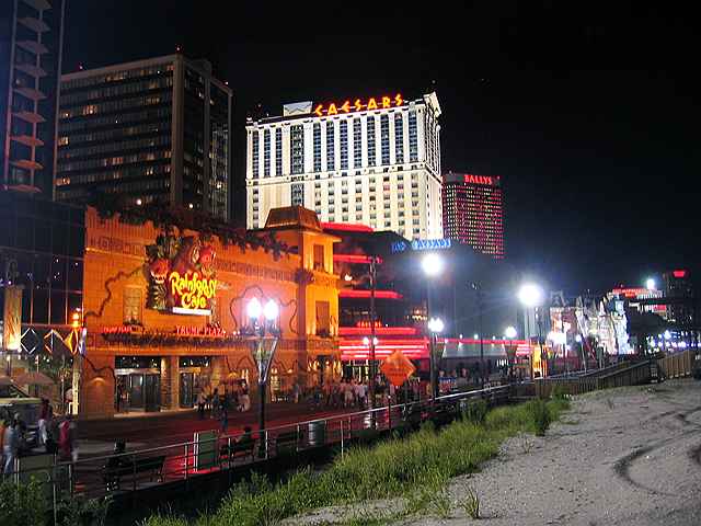 The Atlantic City Boardwalk at night, viewed from the beach.