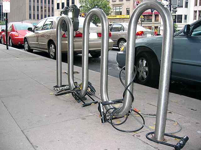 Bike locks adorn an empty bike rack on 18th street in downtown D.C.