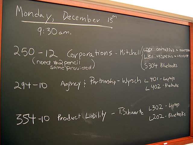 Chalkboard at GW with this morning's list of finals and locations.