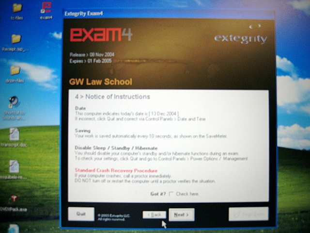 A starting screen for the exam software GW uses.