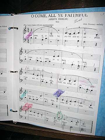 My sister's sheet music for "Come All Ye Faithful."