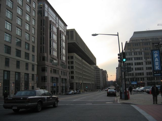 Looking down E street just after sundown.