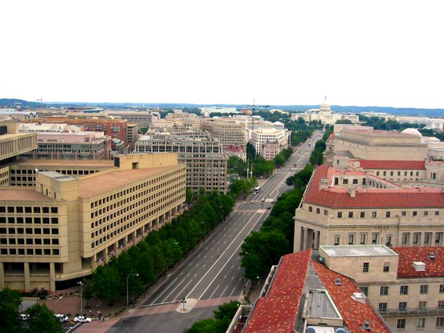 The view from the Old Postal Tower looking down Pennsylvania Avenue to the Capital Building.