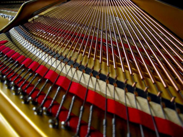 The strings of a baby grand for sale at the GW Music Department last week.