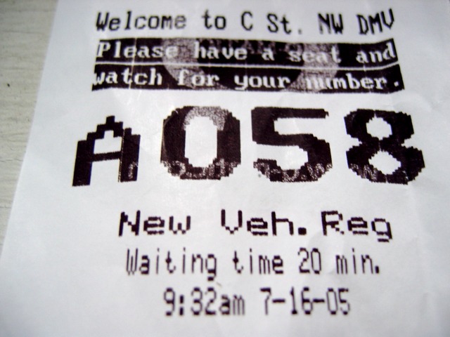 My ticket number as I waited in line last week at the DMV to register the new car.