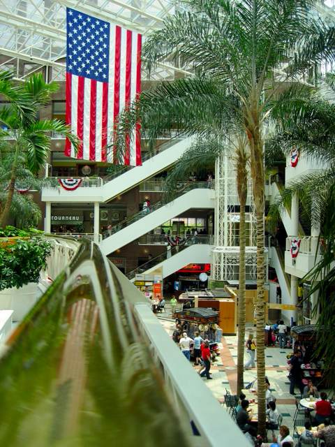 A large American flag hangs in the central atrium/courtyard thingy at the Pentagon City mall.