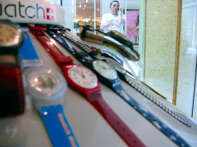 A display of watches at the Swatch store in Pentagon City mall.