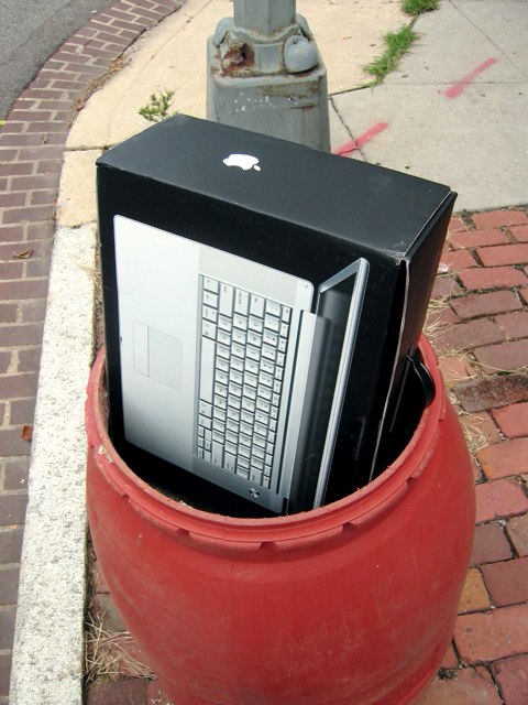 A Powerbook box sits atop a barrel of sand in the Kalorama neighborhood.