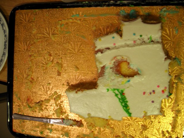 An overhead view of a cake w/out edges.