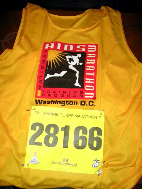 My Aids Marathon Singlet with attached race bib.