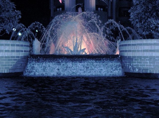 The fountain on the Geeorgetown waterfront at night.