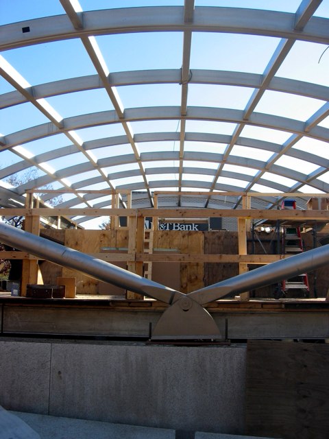 The escalator canopy under construction at the Woodley Park metro stop.