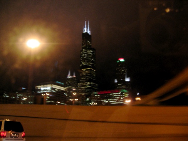 Sears Tower from the highway at night.