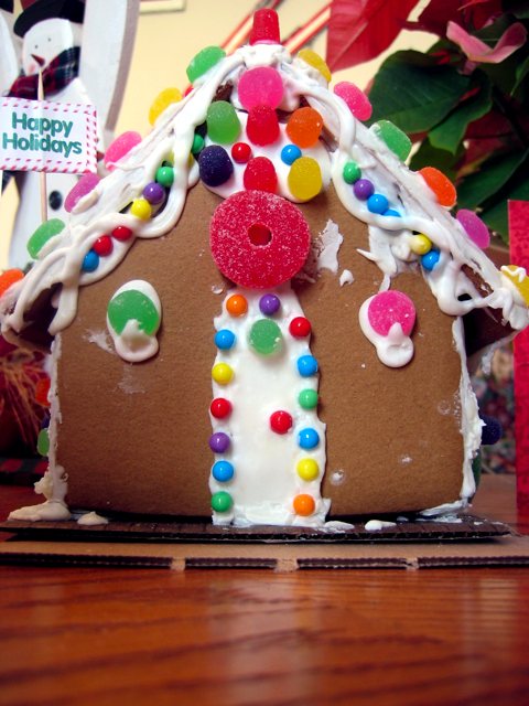 A snazzy little gingerbread house helps make a festive holiday atosphere at my grandma's house.