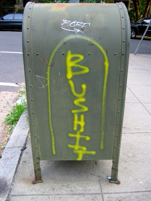 A message painted on a neighborhood mailbox.