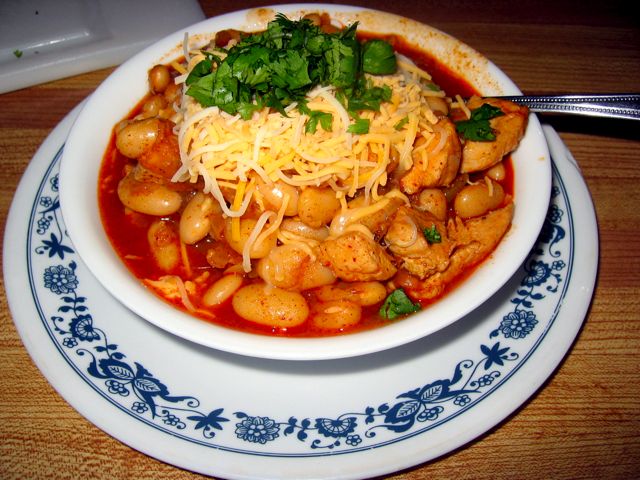 A bowl of white bean chicken chili we made recently.