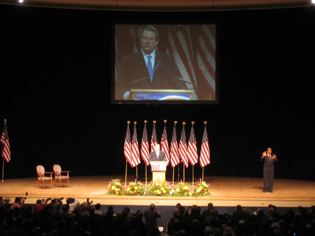 Al Gore calling the president to account at Constitution Hall yesterday in DC.