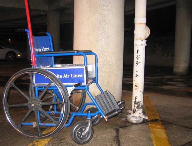 A wheelchair abandoned in the short-term parking structure at National Airport.