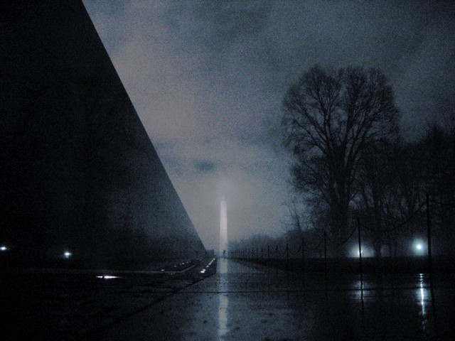 The Washington Monument as seen from the Vietnam Veterans Memorial.