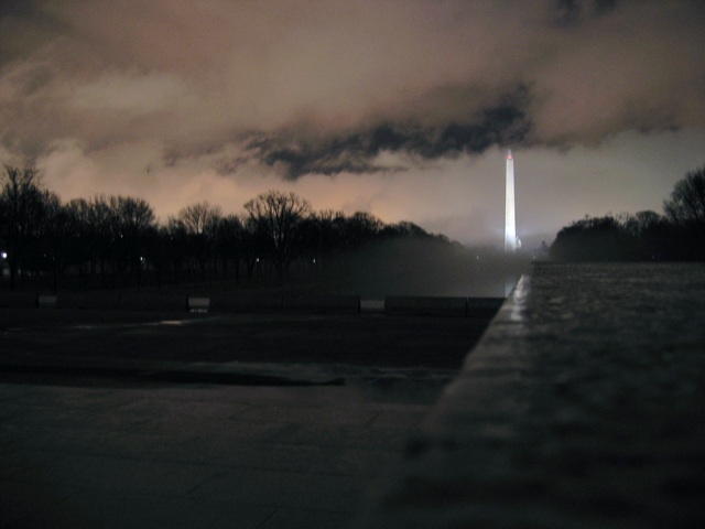 A view of the Washington Monument from the steps of the Lincoln Memorial.