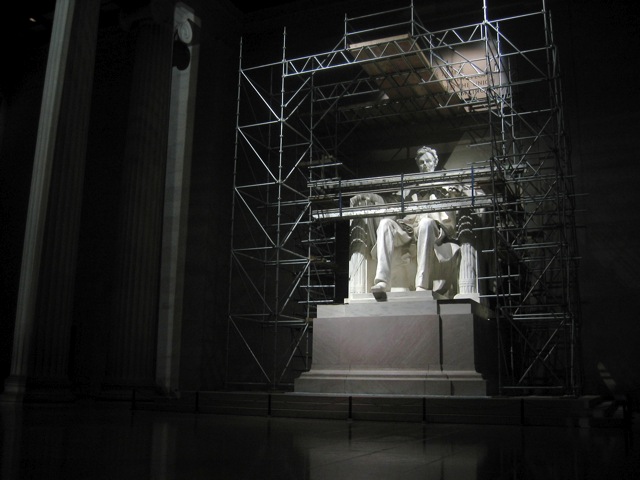 The statue of Lincoln surrounded by scaffolding.