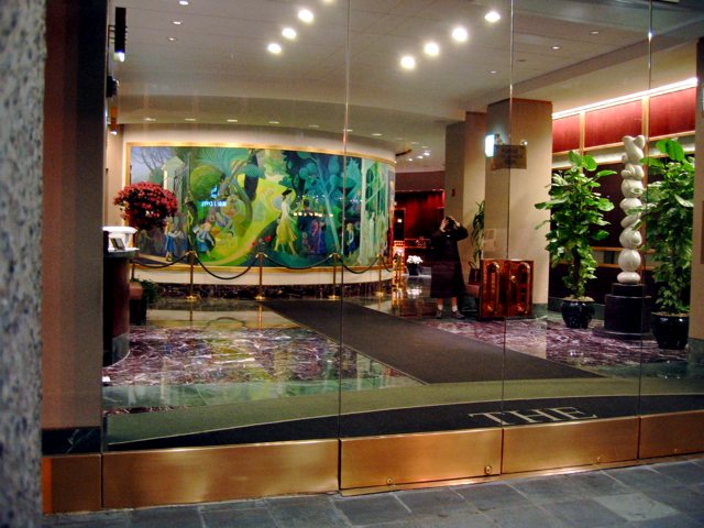 Looking inside the entrance to 1700 Penn. Ave. at dusk.