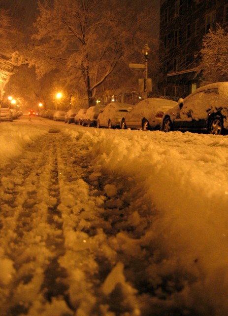 Tire tracks in the early hours of DC's weekend snowstorm.