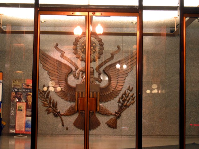 The entryway to some government building across the street from the Executive Office Building.