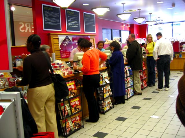 Every cash register is busy at Borders.