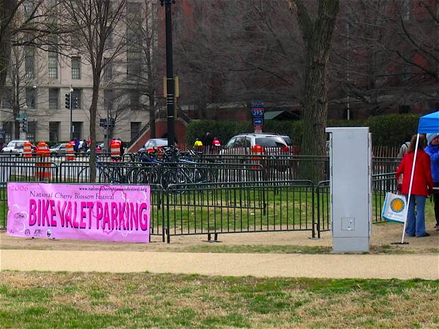 Valet parking for bicyclists attending the Cherry Blossom Festival.