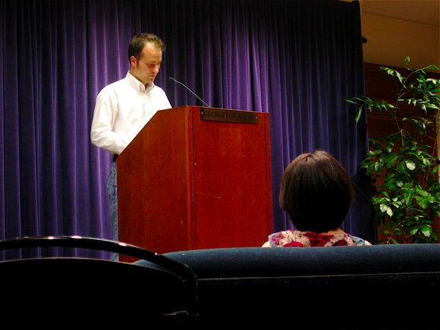 Poet R.J. McCaffery reads from his new book last night at GULC.