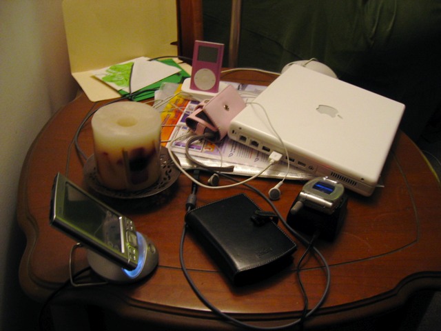 L's collection of gadgets gulping power in preparation for a recent business trip.