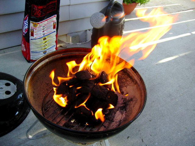 Freshly-lit charcoal in our little tiny Weber grill.