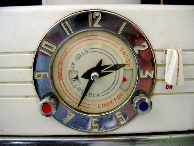 The clock on the old stove at the cabin.