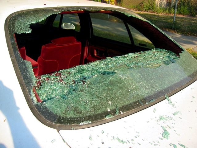 The shattered rear window of my dad's car.