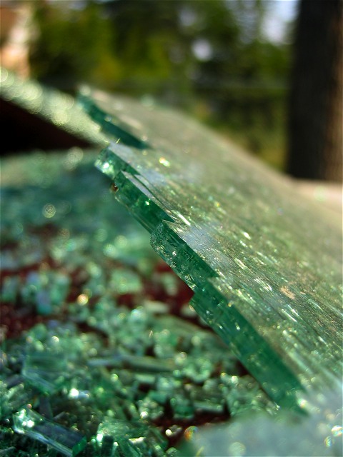 A closeup of the broken glass in the rear window of my dad's car.