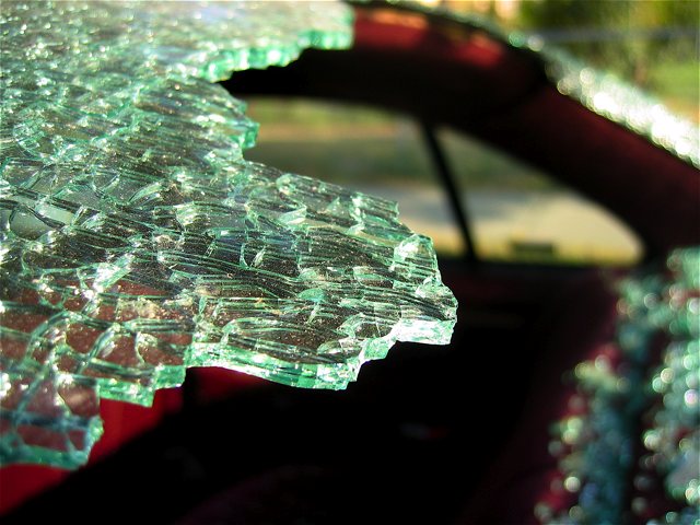 Another view of the broken rear window of my dad's car.