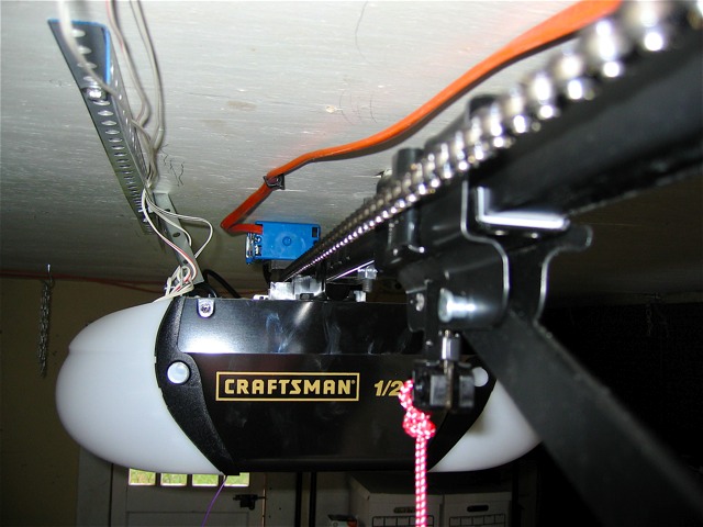 The newly-installed garage door opener in our garage.