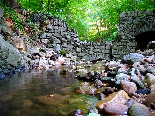 A rock wall and archway over a small creek on the fringes of Rock Creek Park.